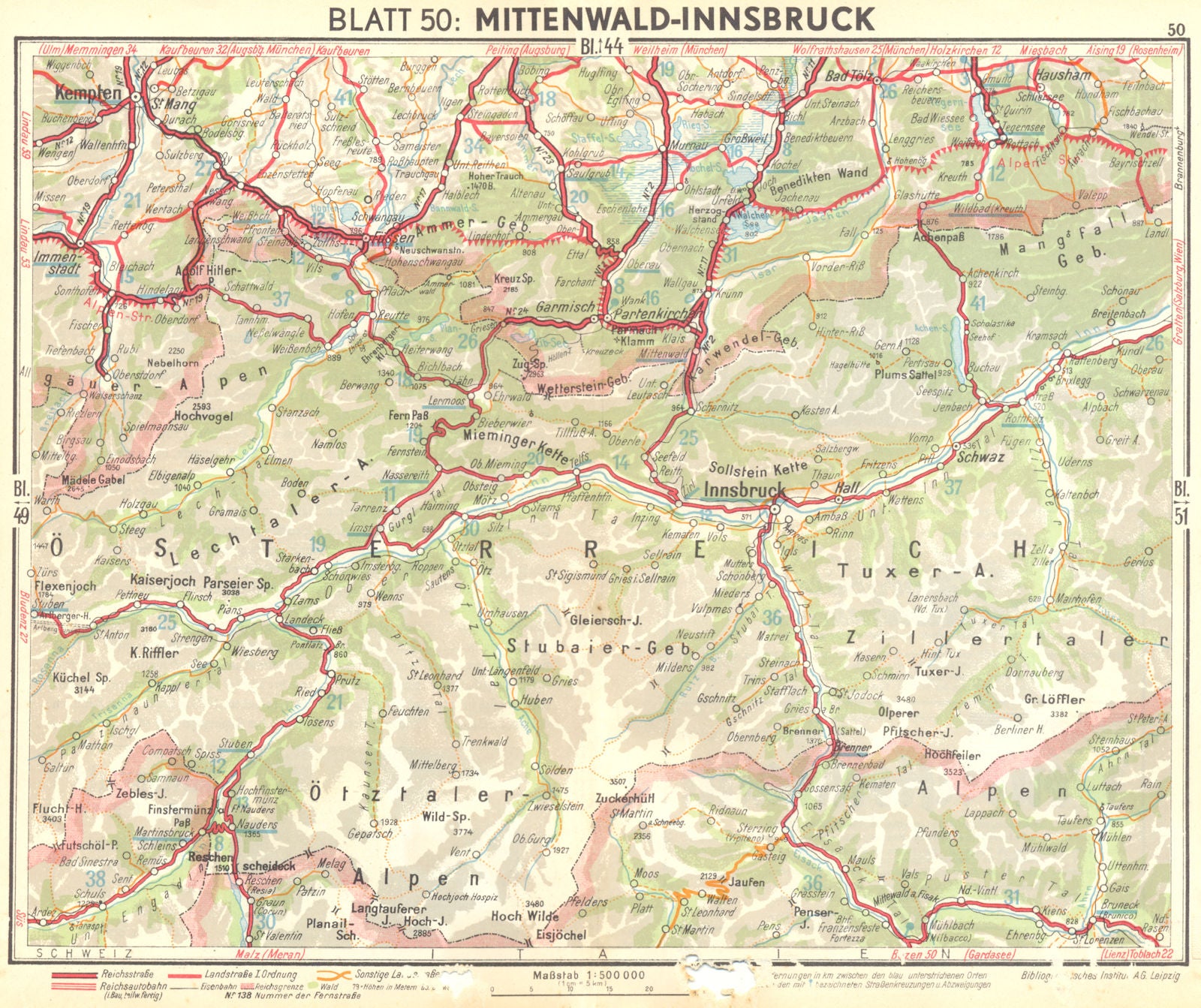 AUSTRIA. Mittenwald-Innsbruck 1936 old vintage map plan chart